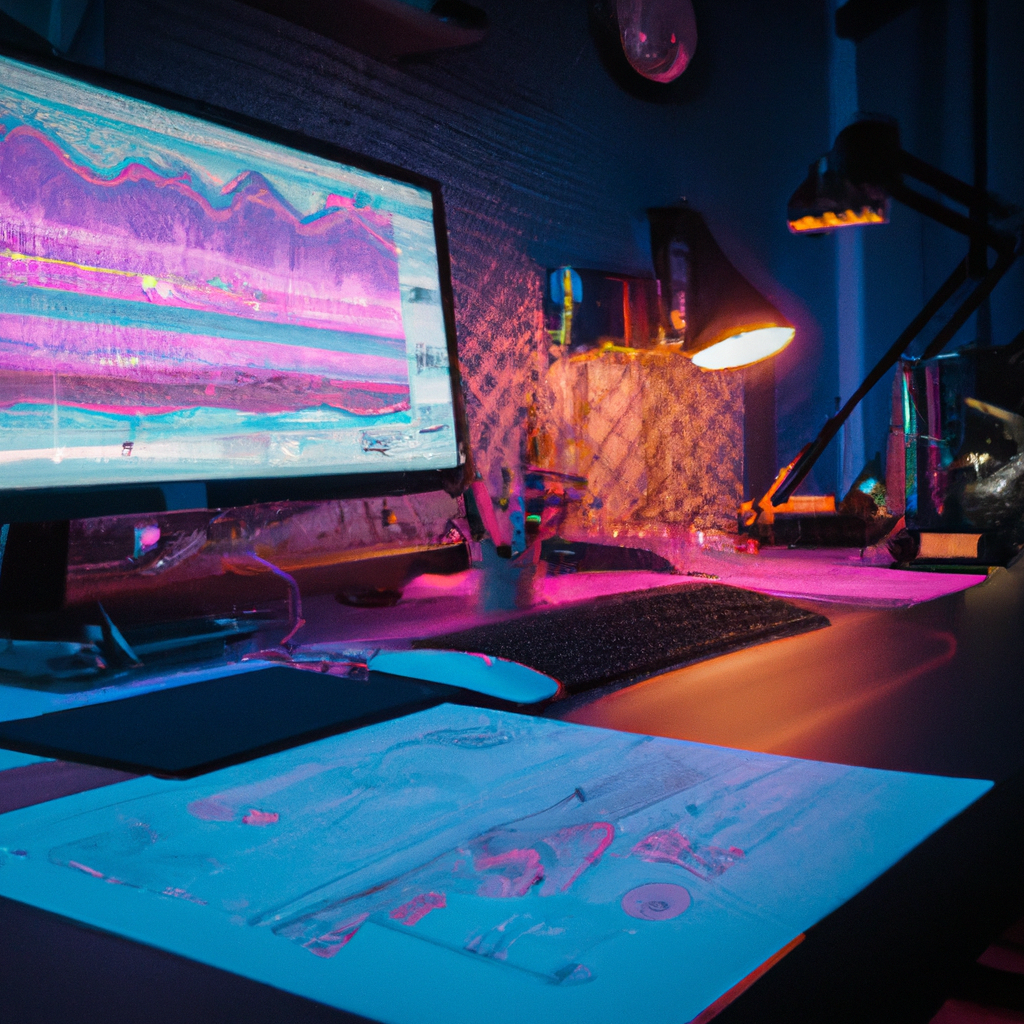 Cinematic video editing workspace with color grading panels, audio waveforms, storyboard notes, and soft neon lighting.