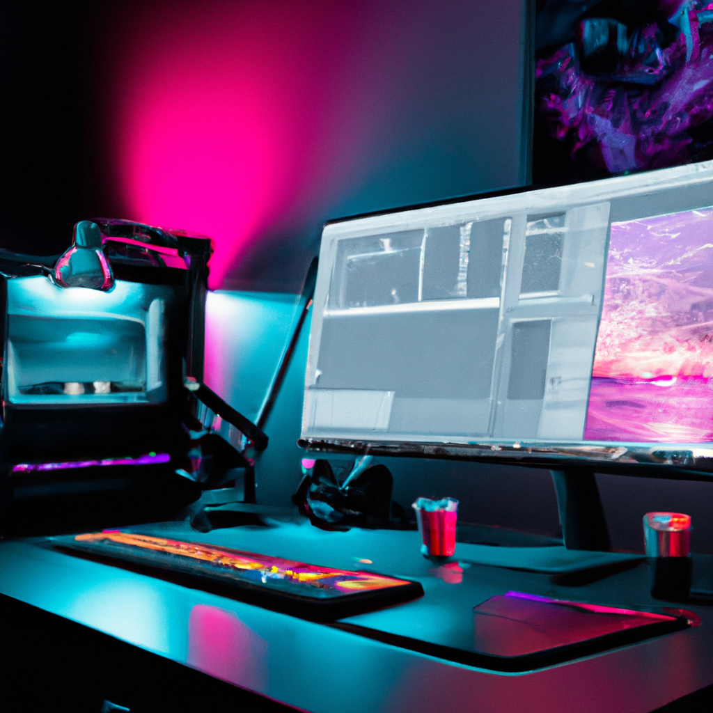 High-end video editing timeline with color grading scopes, motion graphics panels, and minimal desk setup with soft indigo lighting